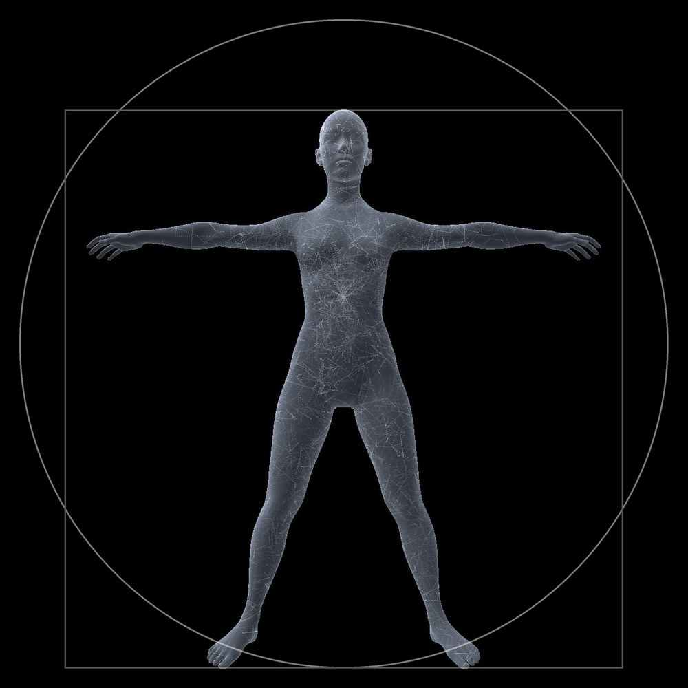 A translucent human figure, arms outstretched, lit from within, inside a circle and a square